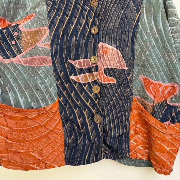 Kusnadi Top Womens Long Sleeve Button Up Fish Art Lagenlook Colorblock Handmade - Picture 9 of 12
